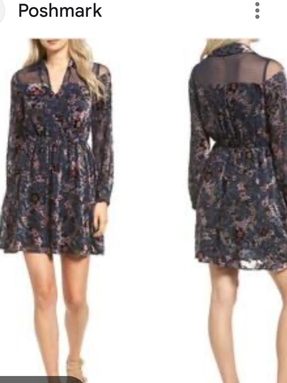 Moon River Long Sleeve Navy Floral Button-Front Babydoll Dress. Size M